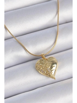 316L Çelik Zincir Gold Renk Zirkon Taşlı Kalp Kanat İşlemeli Kadın Kolye