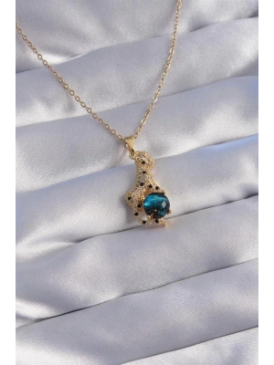 316L Çelik Zincir Gold Renk Zirkon Taşlı Panter Figürlü Gezegen Kolye