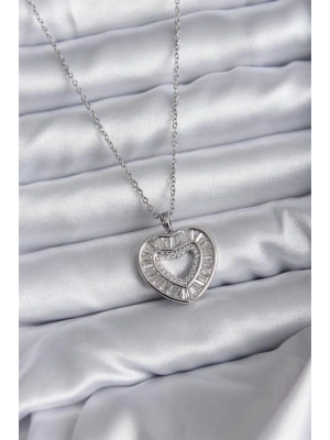 316L Çelik Zincir Gümüş Renk Baget Zirkon Taşlı Kadın Kolye