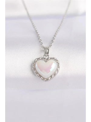 316L Çelik Zincir Gümüş Renk Beyaz Taşlı Bombeli Kalp Kolye