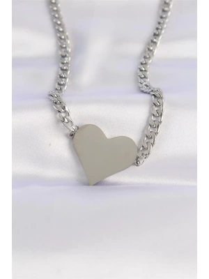 316L Çelik Zincir Gümüş Renk Düz Plaka Kalp Kolye