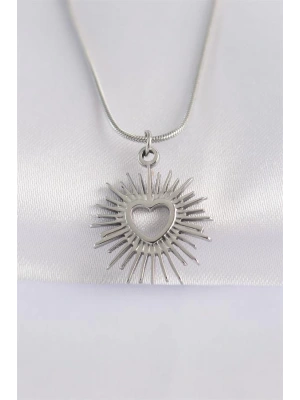316L Çelik Zincir Gümüş Renk Kalp Güneşi Tasarımlı Kolye