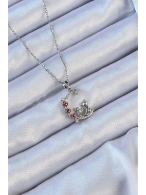 316L Çelik Zincir Gümüş Renk Kırmızı Gül Detay Kedi Figür Zirkon Taşlı Ay Kolye