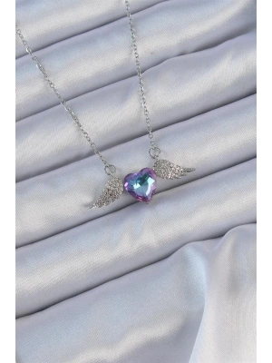316L Çelik Zincir Gümüş Renk Mavi Mor Zirkon Taşlı Kanatlı Kalp Kolye