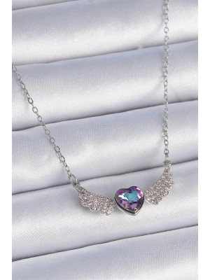 316L Çelik Zincir Gümüş Renk Mor Zirkon Taşlı Kanatlı Kalp Model Kadın Kolye