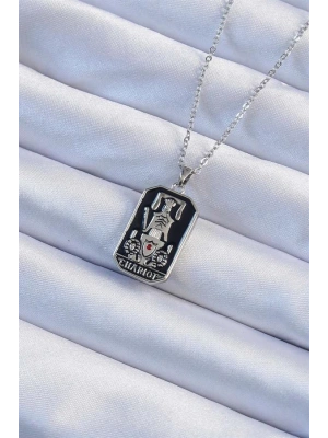 316L Çelik Zincir Gümüş Renk Siyah Mineli Tarot Kolye