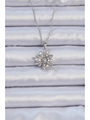 316L Çelik Zincir Gümüş Renk Zirkon Taşlı Çiçek Kolye