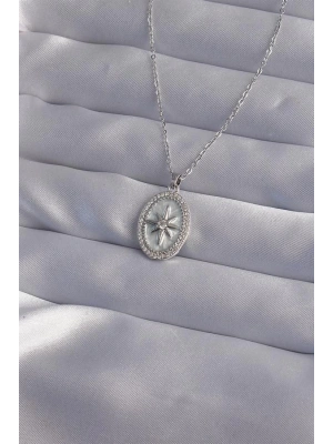 316L Çelik Zincir Gümüş Renk Zirkon Taşlı Kabartmalı Kutup Yıldızı Kolye