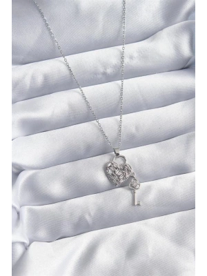 316L Çelik Zincir Gümüş Renk Zirkon Taşlı Kalp & Anahtar Model Kadın Kolye