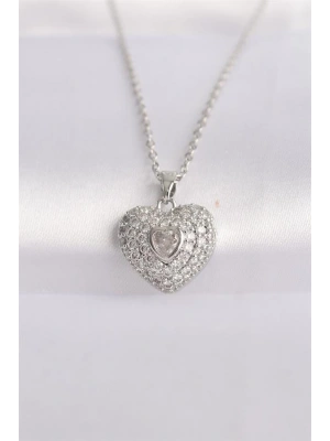 316L Çelik Zincir Gümüş Renk Zirkon Taşlı Kalp Kolye