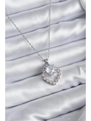 316L Çelik Zincir Gümüş Renk Zirkon Taşlı Kalp Model Kadın Kolye