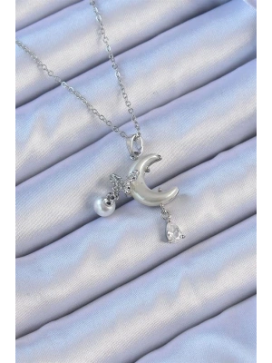 316L Çelik Zincir Gümüş Renk Zirkon Taşlı Kelebekli Mineli Ay Kolye