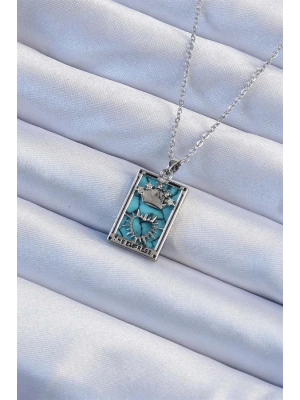 316L Çelik Zincir Gümüş Renk Zirkon Taşlı Mavi Mermer Desenli Taç Model Tarot Kolye