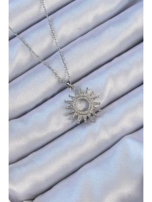316L Çelik Zincir Gümüş Renk Zirkon Taşlı Parlayan Güneş Kolye