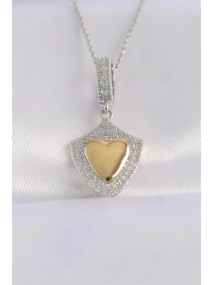 316L Çelik Zincir Gümüş Renk Zirkon Taşlı Tasarım Altın Renk Kalp Kolye