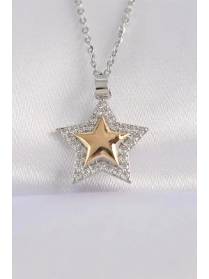 316L Çelik Zincir Gümüş Renk Zirkon Taşlı Tasarım Altın Renk Yıldız Kolye