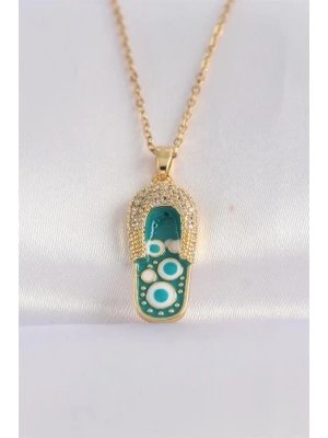 316L Çelik Zincir Zirkon Taşlı Altın Renk Nazarlı Terlik Tasarımlı Kolye