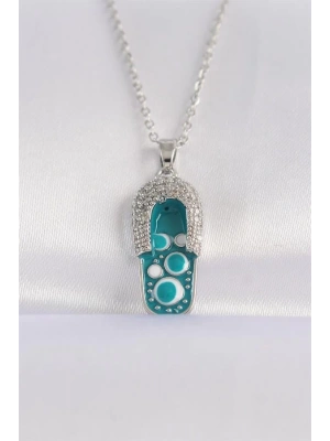 316L Çelik Zincir Zirkon Taşlı Gümüş Renk Nazarlı Terlik Tasarımlı Kolye