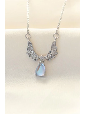 316L Zinciri Çelik Zirkon Taşlı Gümüş Renk Kanatlı Damla Kolye