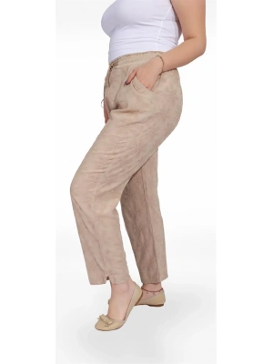 325001 Beli Lastikli Dantel Çiçek Desenli Keten Kadın Pantolon Bej