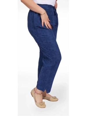 325001 Beli Lastikli Dantel Çiçek Desenli Keten Kadın Pantolon Mavi