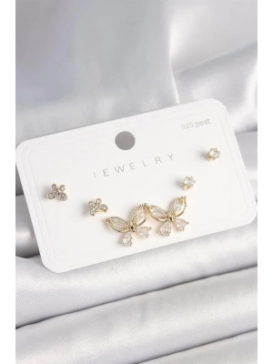 925 Ayar Çivi Gümüş Pirinç Gold Renk Zirkon Taşlı Kelebek Model Kadın Küpe Seti