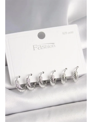 925 Ayar Gümüş Çivi Pirinç Gümüş Renk İşlemeli Halka Model Kadın Küpe Seti