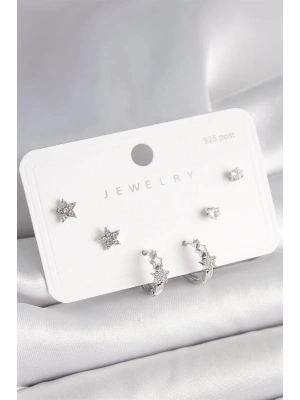 925 Ayar Gümüş Çivi Pirinç Gümüş Renk Zirkon Taşlı Yıldız Model Kadın Küpe Seti