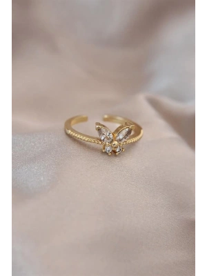 Ayarlamalı Altın Renk Metal Zirkon Taş ve Kristal Taşlı Kelebek Model Yüzük