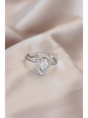 Ayarlamalı Silver Renk Metal Zirkon ve Kristal Taşlı Damla Model Yüzük