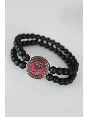 Barış Figürlü Bordo Renk Füme Metal Aksesuarlı Çift Sıra Oniks Doğal Taş Erkek Bileklik