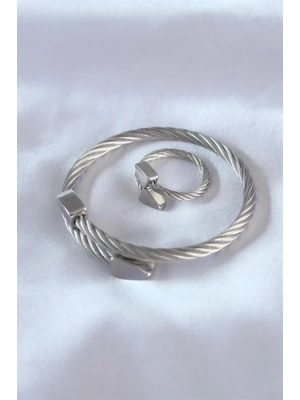 Çelik Gümüş Renk Burgu Model Erkek Bileklik Yüzük Seti