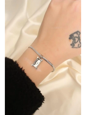 Çelik Gümüş Renk Dikdörtgen Taşlı İtalyan Zincirli Bileklik