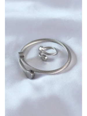 Çelik Gümüş Renk Sıkı Burgu Model Erkek Bileklik Yüzük Seti