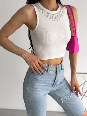 Fitilli Kaşkorse Yakası Zincirli Atlet Beyaz