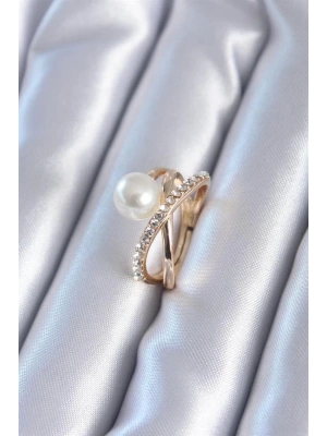 Gold Renk İncili Zirkon Taşlı Kadın Yüzük