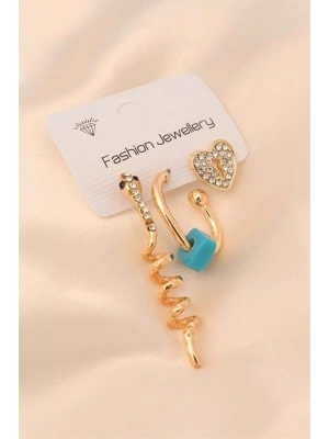 Gold Renk Metal Zirkon Taşlı Yılan ve Kalp Detaylı Küpe Seti