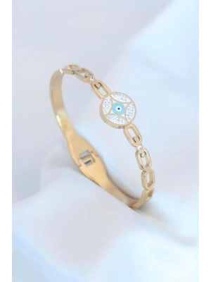Gold Renk Nazar Boncuk Figür Zirkon Taş Detay Çelik Kadın Bileklik