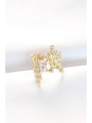 Gold Renk Tırtıklı Kalın Baget Taş Tasarım Ayarlanabilir Yüzük