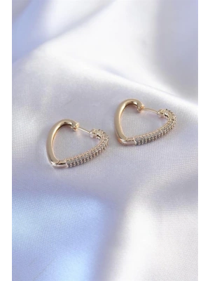 Gold Renk Zirkon Taşlı Kalp Model Kadın Küpe