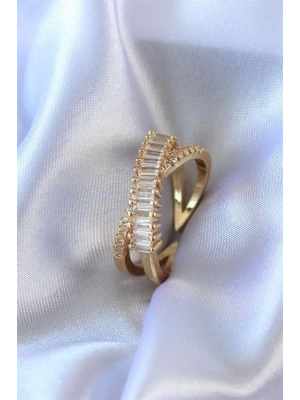 Gold Renk Zirkon Taşlı Pirinç Kadın Yüzük