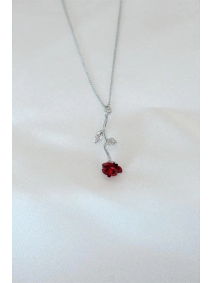 Gümüş Kaplama Kırmızı Gül Figürlü Kadın Kolye