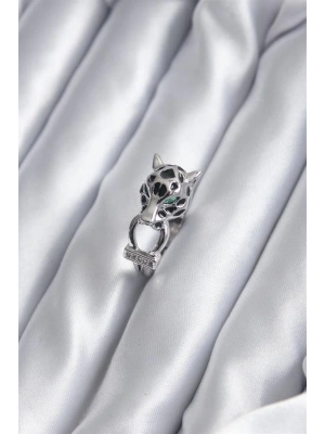 Gümüş Renk Kaplan Model Zirkon Taş Detay VİP Kadın Yüzük