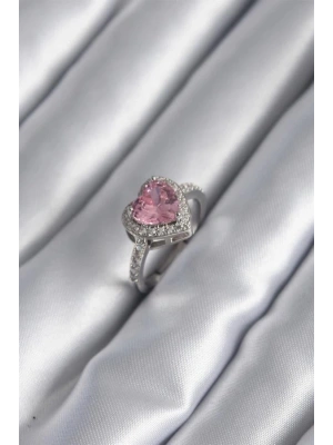 Gümüş Renk Pembe Zirkon Taşlı Charm Kalp Model Kadın Yüzük