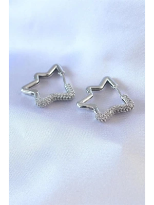 Gümüş Renk Yıldız Model Zirkon Taşlı Pirinç Kadın Küpe
