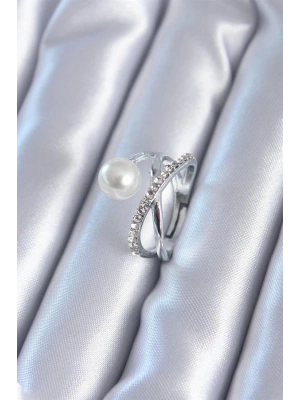 Gümüş Renk Zirkon Taşlı İncili Kadın Yüzük