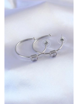 Gümüş Renk Zirkon Taşlı Kadın Küpe