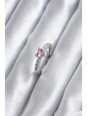 Gümüş Renk Zirkon Taşlı Pembe Kristal Kalp Model Kadın Yüzük