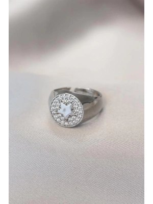 Gümüş Renk Zirkon Taşlı Plaka Yıldız Yüzük