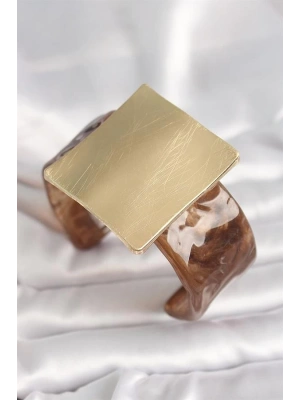 Kahverengi Mermer Desen Akrilik Plastik Gold Kare Plaka Model Vintage Kadın Bilezik